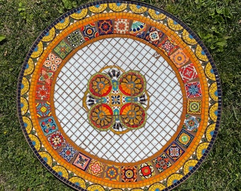 Round Mosaic Bistro, coffee, Patio, side table Top, custom vintage indoor outdoor garden orange yellow white mandala Spanish decoration