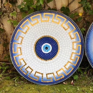 Round Mosaic Bistro, coffee, Patio, side table Top, custom vintage indoor outdoor garden Greek key Mediterranean lucky eye gold