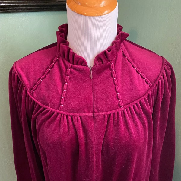 Vintage 1980s Lisanne Burgandy Velour Maxi Dressing Gown Robe Zip up