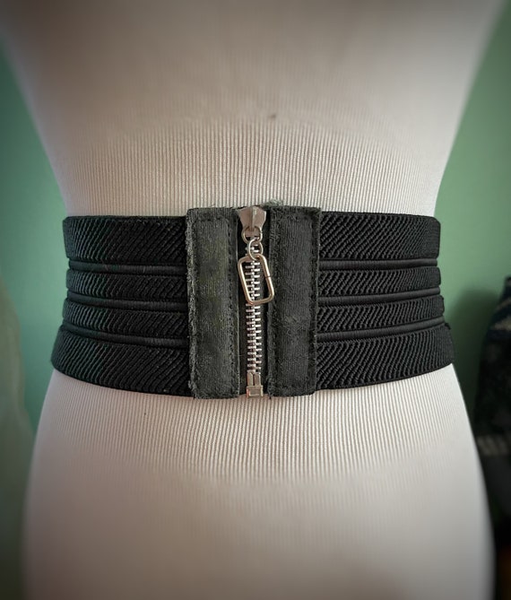 Vintage Black Wide Elastic Belt Zipper Buckle - image 1