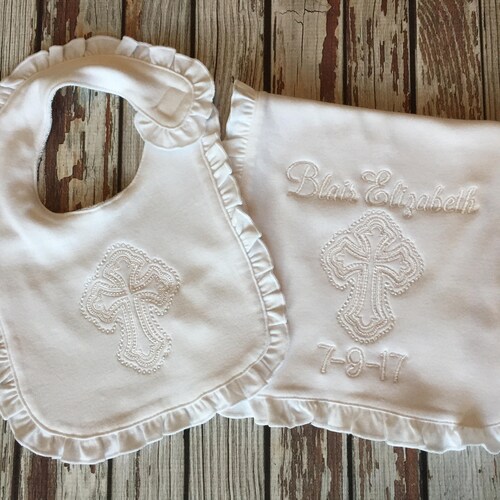 White Baptism Bib And Burp Cloth Set With Gold Cross Embroidery main image 1