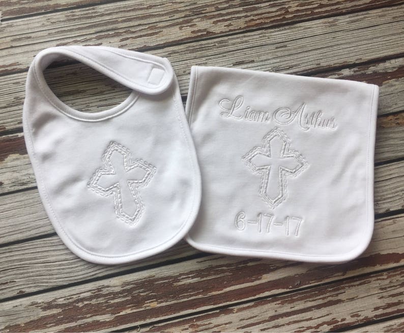 Boy Christening Bib and Burp Cloth Set Baptism Bib Baptism Set Etsy