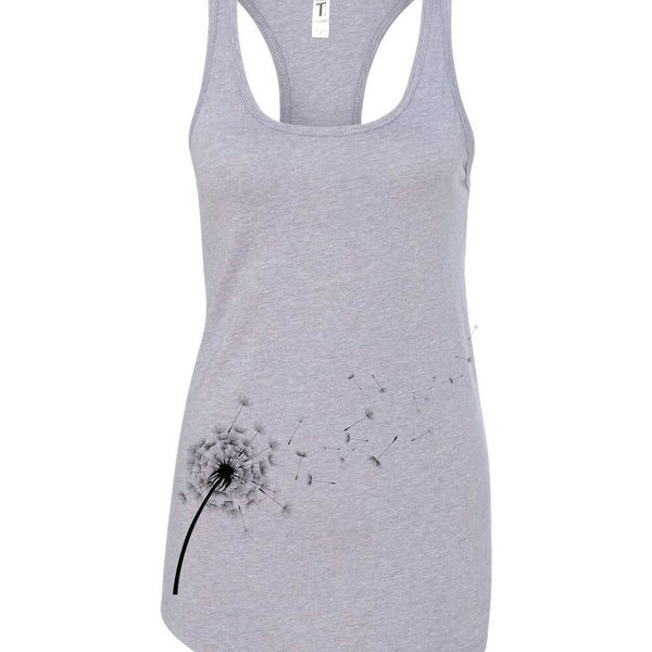 Dandelion Tank Top, Womens Racerback Tank Top, Flower Wish Dream, Dandelion Seeds Blowing In Wind, Printed on Soft Ringspun Cotton