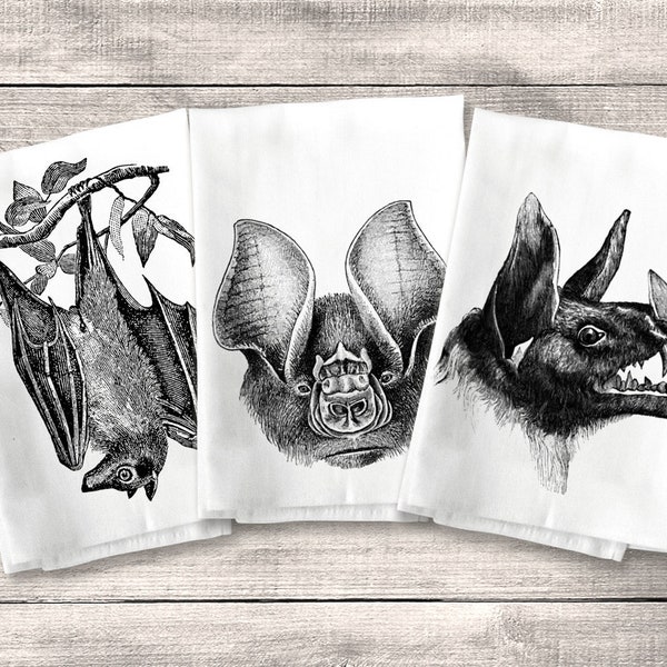 Bat Towel Set, Flour Sack Towel, Flying Fox, Leaf Nosed, Spectral, Vampire Bat Tea or Dish Towel, Halloween Kitchen Horror Decor, Macabre