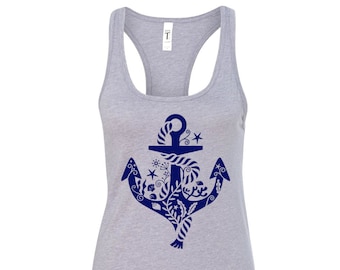 Whimsical Anchor Tank Top, Women's Racerback, Nautical Tank, Sailing, Boating, Ocean, Beach, Printed on Soft Ringspun Cotton