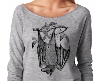 Slouchy Sweatshirt, Flying Fox Bat Sweater, Halloween, Giant Fruit Bat Shirt, Animal, Lightweight 3/4 Sleeve Raw Edge Raglan Ringspun Cotton