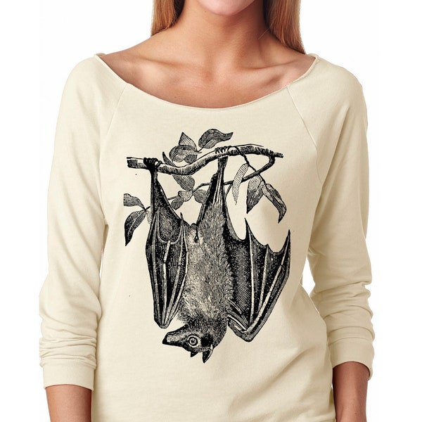 Slouchy Sweatshirt, Flying Fox Bat Sweater, Halloween, Giant Fruit Bat Shirt, Animal, Lightweight 3/4 Sleeve Raw Edge Raglan Ringspun Cotton