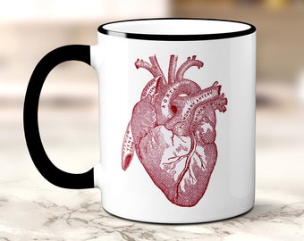Anatomy Mug, Anatomical Heart Coffee Mug, Vintage Medical Illustration Coffee Cup, Horror, Sublimated 11 oz, Colored Handle & Rim