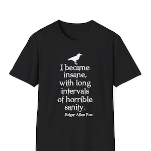 Edgar Allan Poe I Became Insane Tshirt, Poe Poem T Shirt, Raven Poe Tee, Gothic, Printed on Soft Ringspun Cotton, Mens Womens