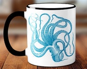 Octopus Coffee Mug, Kraken Coffee Cup, Ocean Animal, Sea Creature, Nautical Coffee Mug, Sublimated 11 oz Colored Handle Rim