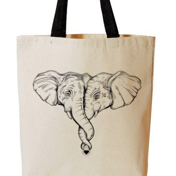 Elephant Tote Bag, Elephants In Love, Intertwining Trunks, Hugging, Beach Bag, Reusable Grocery Bag, Cotton Canvas Book Bag