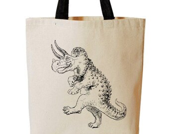 Dancing Triceratops Tote Bag, Funny Dinosaur Tote, Reusable Grocery Bag, Beach, Cotton Canvas Book Bag