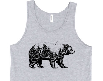 Bear Forest Tank Top, Wildlife Silhouette Animal Tank, Camping, Outdoorsy, Printed On Soft Ringspun Cotton, Mens, Unisex