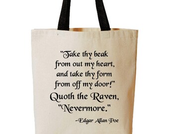 Edgar Allan Poe The Raven Tote Bag, Horror Poem, Nevermore, Poetry, Reusable Grocery Bag, Beach Tote, Cotton Canvas Book Bag