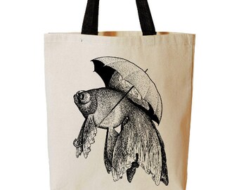 Fish Holding Umbrella, Goldfish Tote Bag, Funny Beach Tote, Reusable Grocery Bag, Cotton Canvas Book Bag