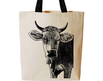 Cow Tote Bag, Funny Farm Animal Tote, Iowa, Farmers Market Reusable Grocery Bag, Cotton Canvas Book Bag