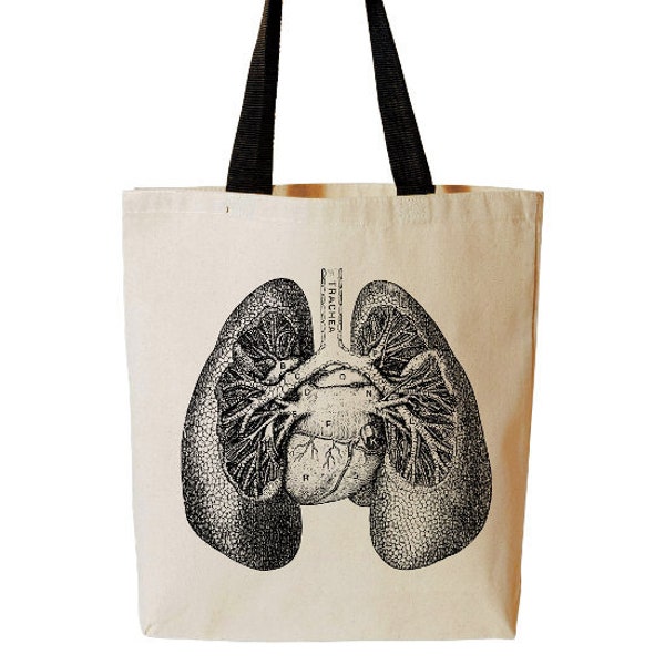 Anatomical Lungs Tote Bag, Human Anatomy Tote, Horror, Reusable Grocery Bag, Halloween Trick Or Treat Tote, Beach, Cotton Canvas Book Bag