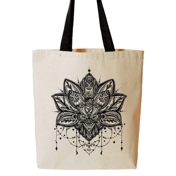 Lotus Tote Bag, Zen Yoga Tote, Lotus Flower, Buddhism, Reusable Grocery Bag, Beach Tote, Cotton Canvas Book Bag