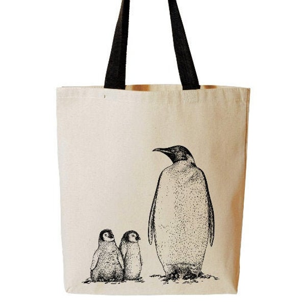 Penguin Tote Bag, Penguin Family, Baby Penguin Bag, Arctic Animal, Reusable Grocery Bag, Beach Tote, Cotton Canvas Book Bag