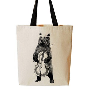 Bear Playing Cello Tote Bag, Funny Animal Tote, Music, Band, Reusable Grocery Bag, Beach Tote, Cotton Canvas Book Bag