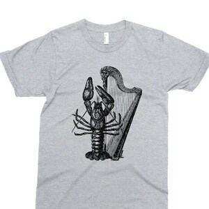 Musikalisches Hummer-T-Shirt, gedruckt auf weicher ringgesponnener Baumwolle, lustiges Tshirt, Hummer-T-Stück, Ozeantier, spielen die Harfe, Herren Damen