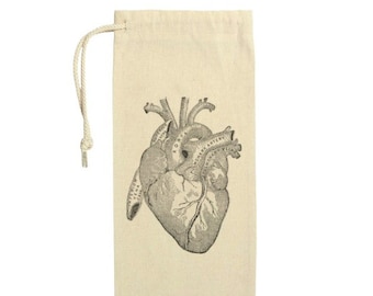 Anatomical Heart Wine Bag, Doctor, Nurse Gift, Surgeon, Cardiologist, Anatomy, Horror, Reusable Cotton Canvas, Drawstring Gift Bag