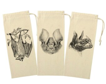 Bat Wine Bag Set, Vampire, Leaf Nosed, Fox, Horror, Macabre, Night Nocturnal Animal, Reusable Cotton Canvas, Drawstring Gift Bag