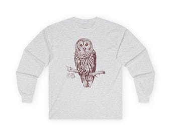 Maglietta a maniche lunghe con gufo, T-shirt con gufo, Maglietta con animale della foresta, Regalo per amanti degli uccelli, Cotone unisex