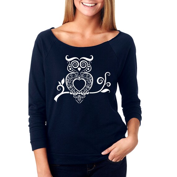 Forest Animal Slouchy Sweatshirt Owl Sweater Owl Shirt 34 Sleeve Lightweight Raw Edge Raglan Owl Illustration Ringspun Cotton