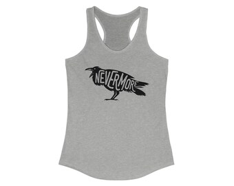 Op de afbeelding: Een grijs tanktop met een zwart silhouet van een raaf met de woorden "Nevermore" in het silhouet.