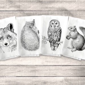 Woodland Critter Forest Animal Towel Flour Sack Towel Kitchen Towel Set, Owl Fox Squirrel Hedgehog, Dish Tea Rustic Decor Housewarming Gift image 1