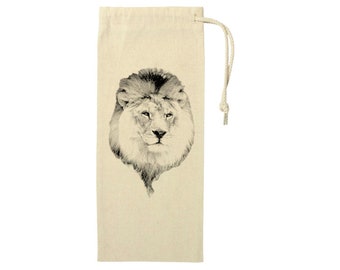Lion Wine Bag, Rustic, Zoo, African Safari Animal, Wildlife, Reusable Cotton Canvas, Drawstring Gift Bag