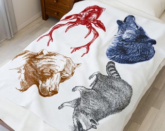 Manta de veludo felpudo com estampa de animais da floresta: urso, veado, lobo, guaxinim, estilo rústico para cabana.