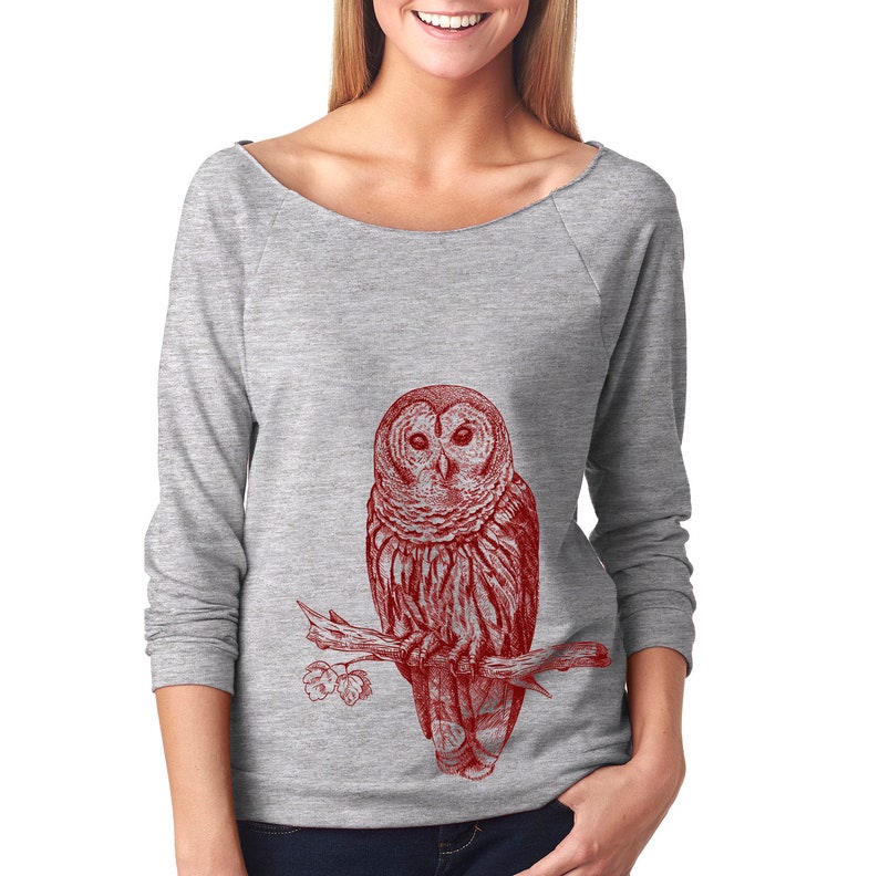 Forest Animal Slouchy Sweatshirt Owl Sweater Owl Shirt 34 Sleeve Lightweight Raw Edge Raglan Owl Illustration Ringspun Cotton