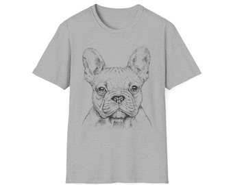 フレンチブルドッグのポートレートTシャツ、ソフトリングスパンコットン