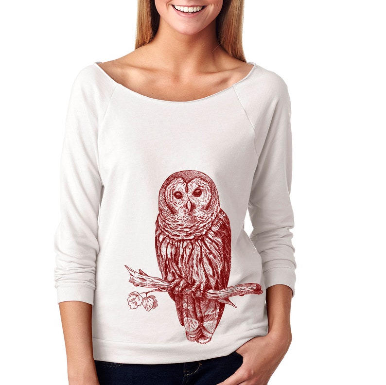 Forest Animal Slouchy Sweatshirt Owl Sweater Owl Shirt 34 Sleeve Lightweight Raw Edge Raglan Owl Illustration Ringspun Cotton