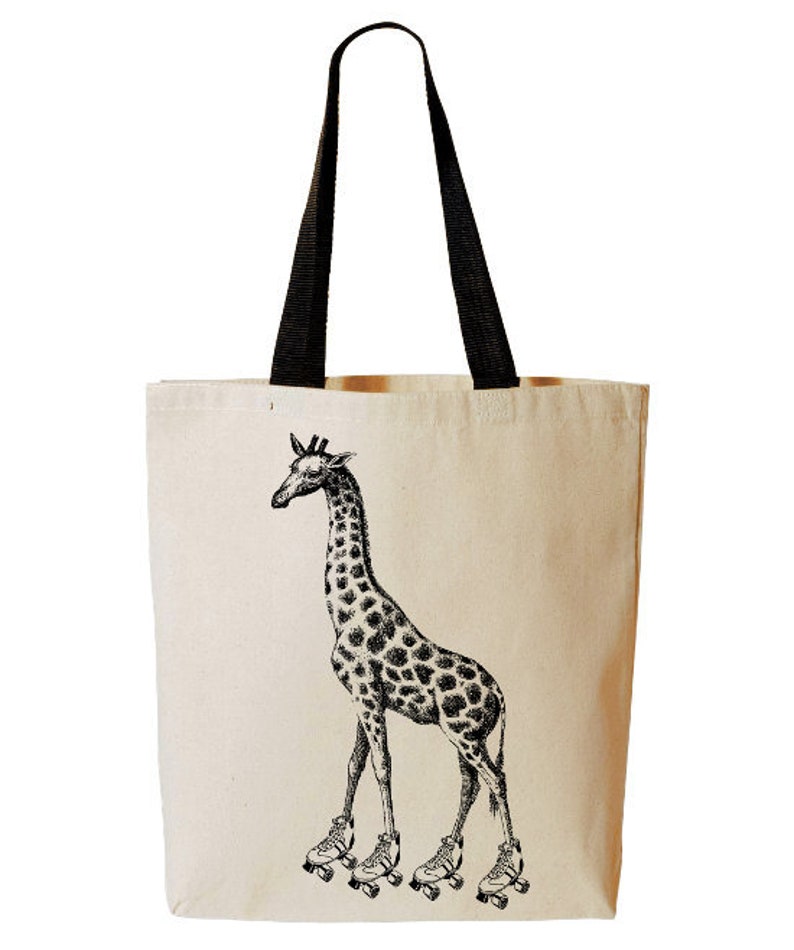 Roller Skating Giraffe Tote Bag, Roller Derby, Funny Tote, Beach Bag, Reusable Grocery Bag, Cotton Canvas Book Bag image 1