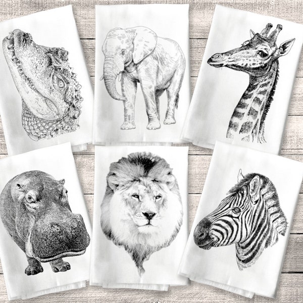 African Animal Napkin Set, Hippo, Lion, Giraffe, Zebra, Elephant, Crocodile, Cloth Napkin, Dinner Napkin, Cotton Table Napkin, Safari Decor