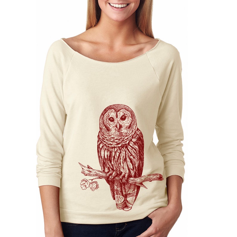 Forest Animal Slouchy Sweatshirt Owl Sweater Owl Shirt 34 Sleeve Lightweight Raw Edge Raglan Owl Illustration Ringspun Cotton