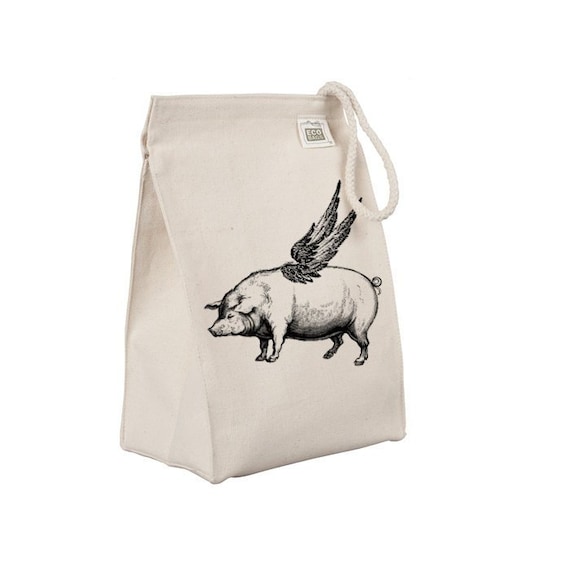 Funny Farm Animal Flying Pig Reusable Produce Bag Grocery Sack Cotton Eco Friendly Farmers Market Large Sized