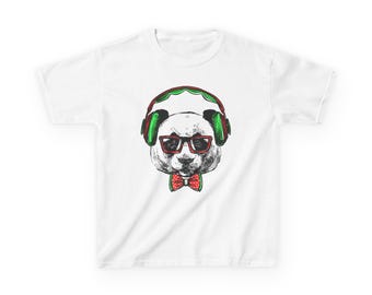 Geeky Panda T-Shirt, Fliege, Kopfhörer, Kinder Baumwoll-T-Shirt