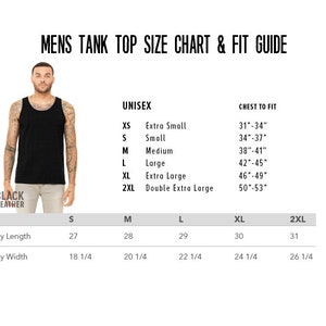 Op de afbeelding: Maattabel voor een heren tanktop met maten in inches. De tabel toont de borstmaat om te passen, de lichaamslengte en de lichaamsbreedte voor maten XS tot 2XL.