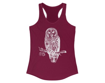 May include: A maroon racerback vest with a white illustration of an owl on a branch. The owl is detailed with intricate linework. The vest has a scoop neck and racerback design, suitable for casual wear.