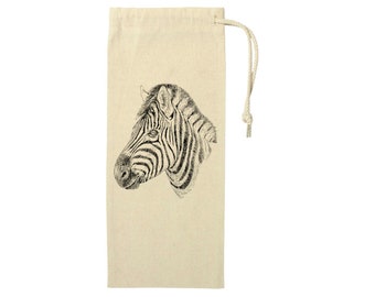 Zebra Wine Bag, Rustic, Zoo, African Safari Animal, Wildlife, Reusable Cotton Canvas, Drawstring Gift Bag