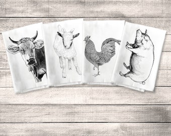 Flour Sack Towel, Farm Animal Towel Kitchen Towel Set, Pig Cow Chicken Goat, Funny Tea or Dish Towel, Rustic Decor, Housewarming Gift