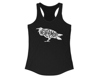 Op de afbeelding: Zwart tanktop met een wit silhouet van een raaf met het woord "NEVERMORE" in het silhouet.