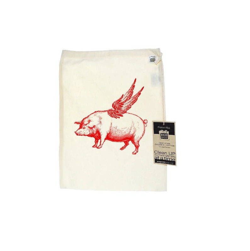Funny Farm Animal Flying Pig Reusable Produce Bag Grocery Sack Cotton Eco Friendly Farmers Market Large Sized