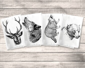 Forest Animal Towel, Flour Sack Towel Kitchen Towel Set, Deer Wolf Bear Raccoon, Dish or Tea Towel, Woodland Rustic Decor, Housewarming Gift