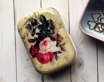Floral Small Storage Hinged Tin - Tin Box for Sewing Notions - Small Storage Tin for Progress Markers - Progress Keeper Storage - Empty