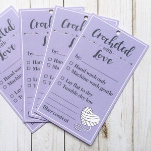 Set of 10, 25 or 50 PRINTED Hand Crochet Care Tags | Crochet Care Instructions For Handmade Clothing | Crocheted w/ Love